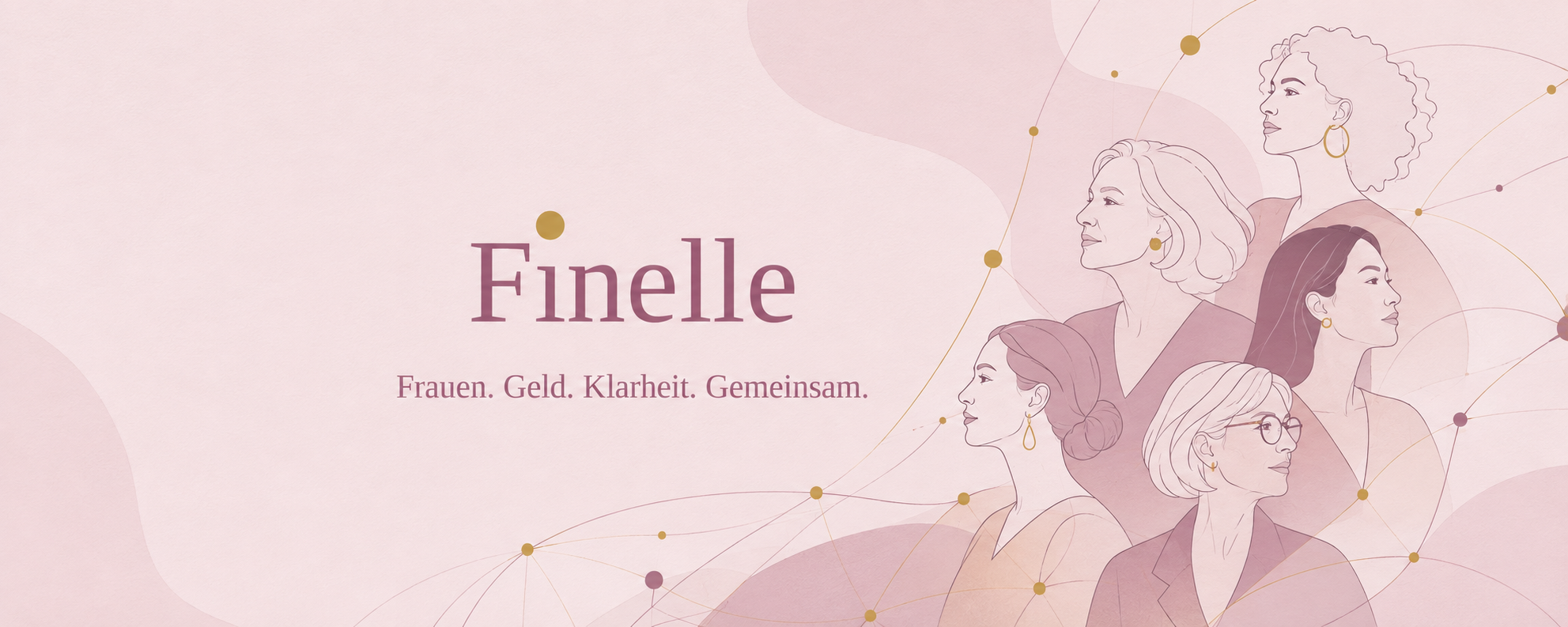 Finelle – ein Netzwerk für Frauen: Illustration von fünf Frauen unterschiedlichen Alters und Herkunft, verbunden durch das Finelle-Logo.